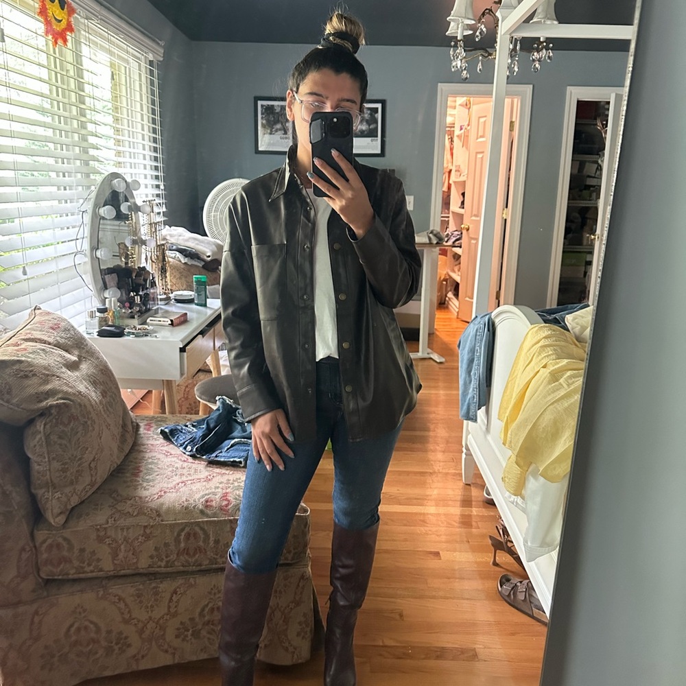 Faux Leather Brown Women's Shirt Jacket